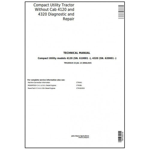 Cover page of John Deere 4120, 4320 Compact Utility Tractor Technical Service Repair Manual TM105019 displaying title and barcode.
