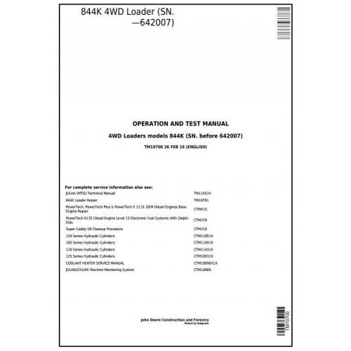 John Deere 844K 4WD Loader Operation, Maintenance & Diagnostic Test Service Manual TM10700 - PDF