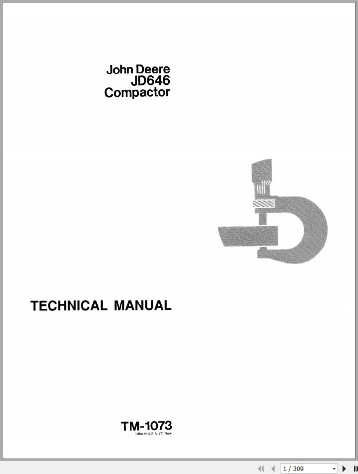 Cover page of the John Deere Compactor Technical Manual TM1073 featuring the John Deere logo, the model number JD646, and the title 'TECHNICAL MANUAL'.