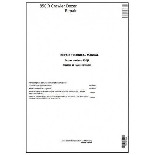 John Deere 850JR Crawler Dozer Technical Service Repair Manual TM10780 - PDF