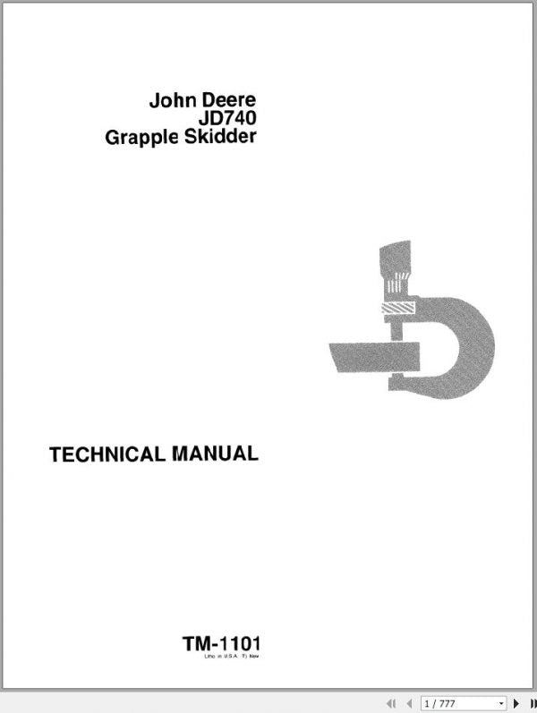 Cover page of the John Deere JD740 Grapple Skidder Technical Service Repair Manual featuring the John Deere logo and the model number TM1101.
