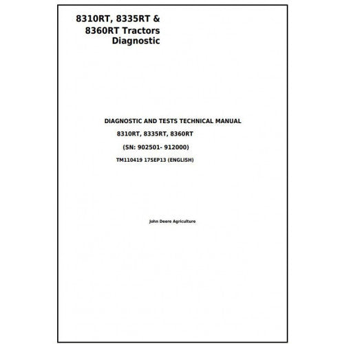 John Deere 8310RT, 8335RT, 8360RT Tractor Operation, Maintenance & Diagnostic Test Service Manual TM110419 - PDF