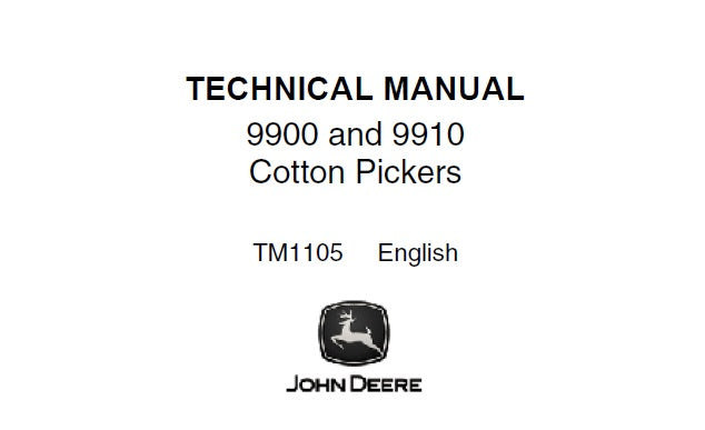 Cover page of the John Deere 9900 and 9910 Cotton Pickers Technical Service Repair Manual featuring the John Deere logo, the model numbers 9900 and 9910, and the language indicator for the manual being in English.