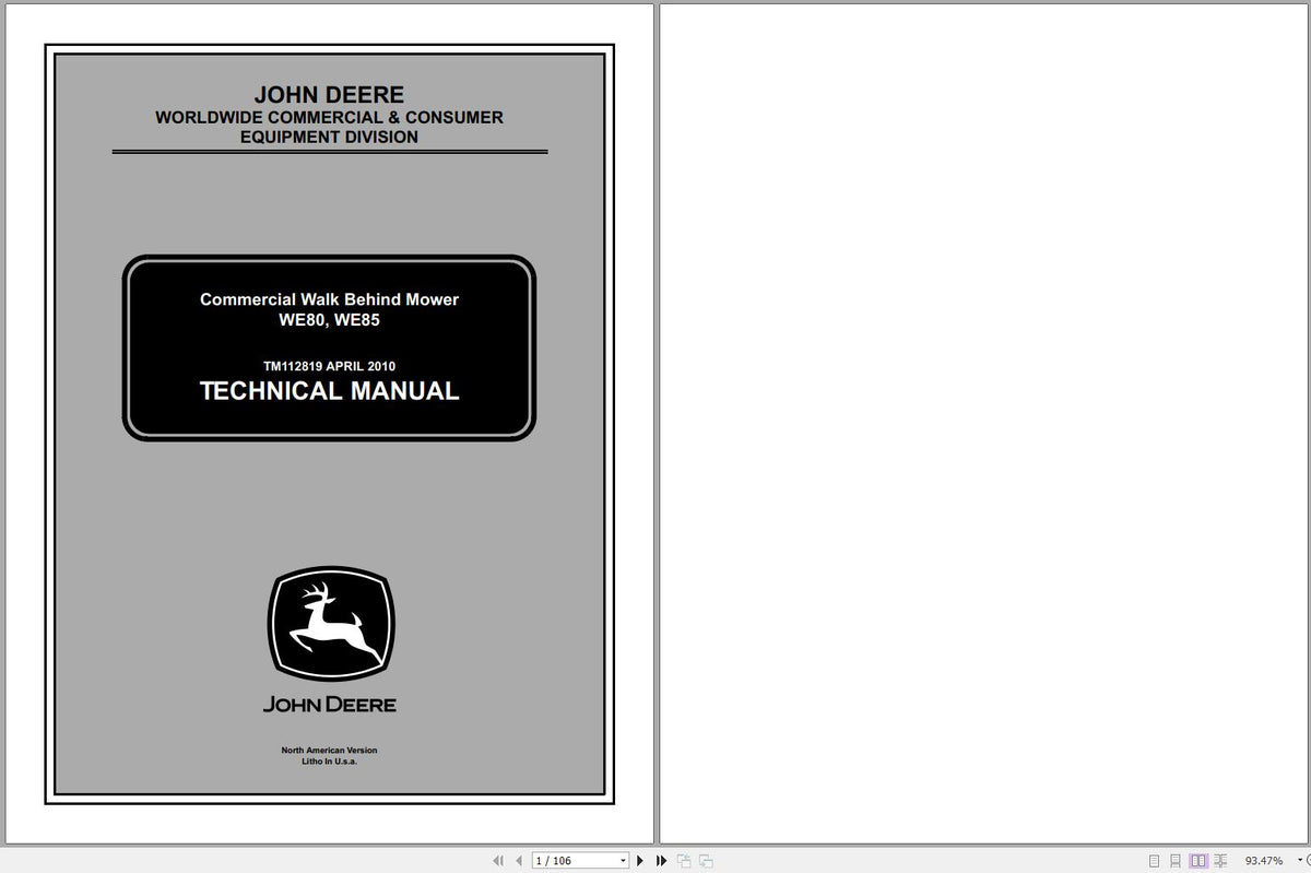 Cover pages of the John Deere Walk Behind Mowers WE80, WE85 Technical Service Repair Manual TM112819 displaying title and John Deere logo.