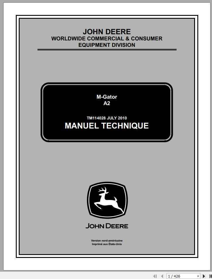 Cover page of the John Deere M-Gator A2 Technical Service Repair Manual featuring the John Deere logo and the model name M-Gator A2.