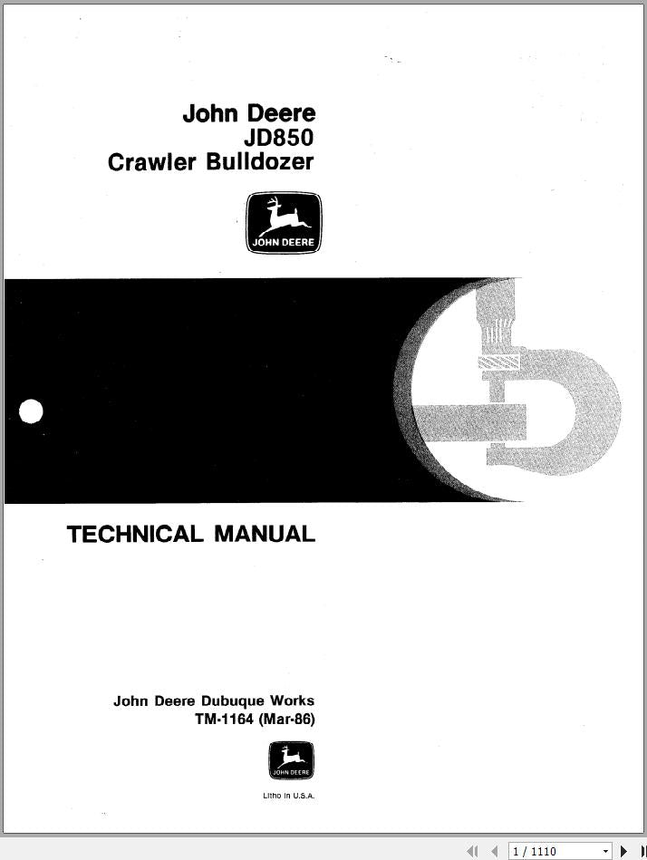 Cover page of the John Deere JD850 Crawler Bulldozer Technical Service Manual featuring the John Deere logo, the model number JD850, and the title Technical Manual.