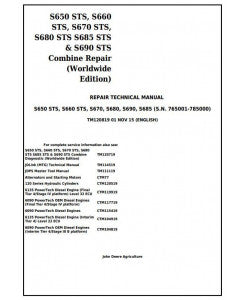 Cover page of the John Deere S650, S660, S670, S680, S685, S690 STS Combine Technical Service Repair Manual, listing the models covered and the edition information.