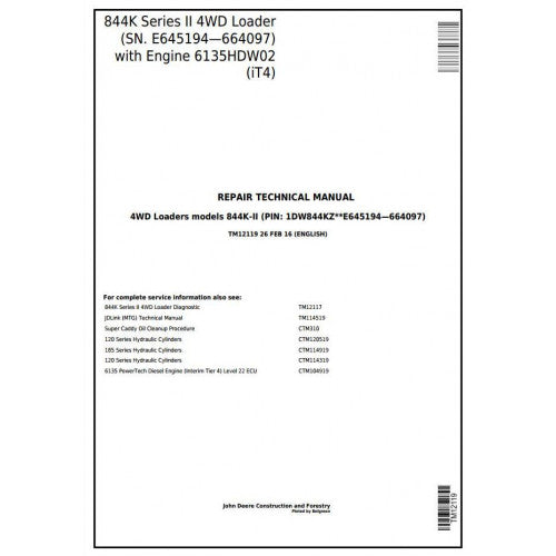 John Deere 844K 4WD Loader Technical Service Repair Manual TM12119 - PDF