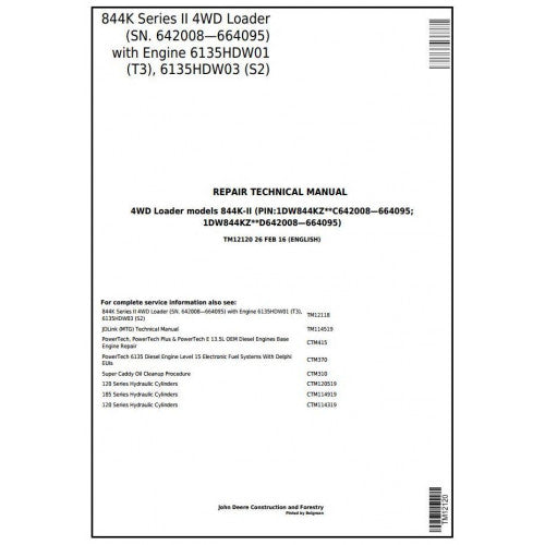 John Deere 844K T2/S2 Engine 4WD Loader Technical Service Repair Manual TM12120 - PDF