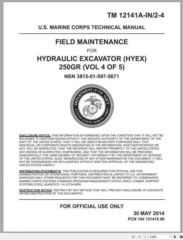 Cover page of the John Deere Hydraulic Excavator HYEX 250GR V3 of 5 Field Maintenance Technical Repair Manual, featuring the U.S.