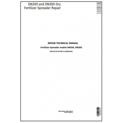 Cover page of the John Deere DN200 and DN300 Dry Fertilizer Spreader Repair Manual, featuring title and author information.