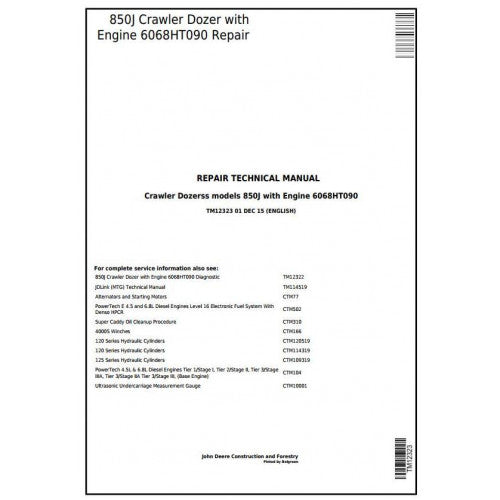 John Deere 850J Crawler Dozer with Engine 6068HT090 Technical Service Repair Manual TM12323 - PDF
