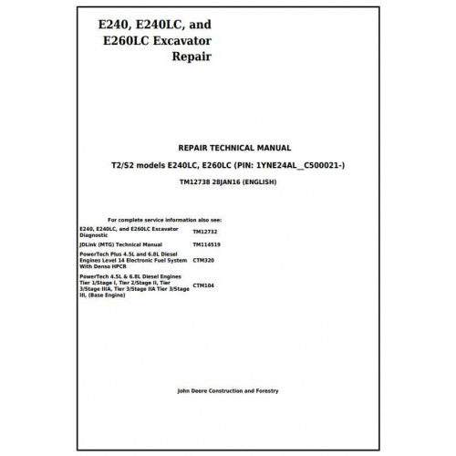 Cover page of the John Deere E240, E240LC, and E260LC T3/S3A Excavator Technical Service Repair Manual, indicating the models covered and the language.