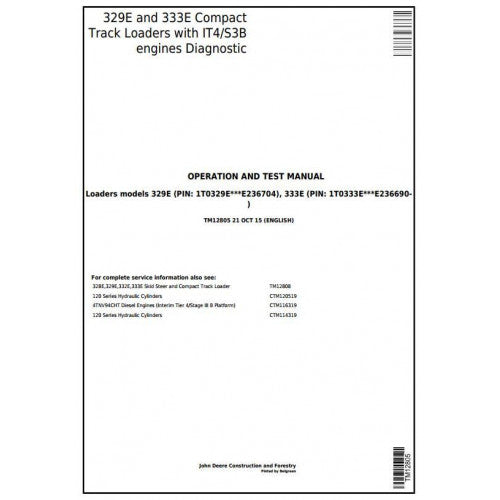 Cover page of the John Deere 329E, 333E Compact Track Loader service manual showing title and barcode.