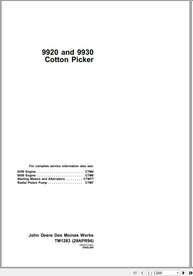 Cover page of the John Deere 9920, 9930 Cotton Picker Technical Service Repair Manual TM1283 - PDF with the title and author information.