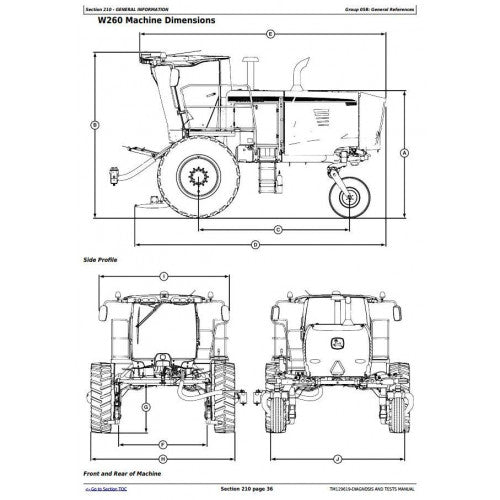 Technical drawing of the John Deere W235, W260 Self Propelled Hay & Forage Windrower showing various dimensions and components.