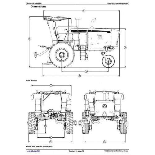 Technical service repair manual for John Deere W235 Self Propelled Draper Hay & Forage Windrower, including dimensions and diagrams of the machine.