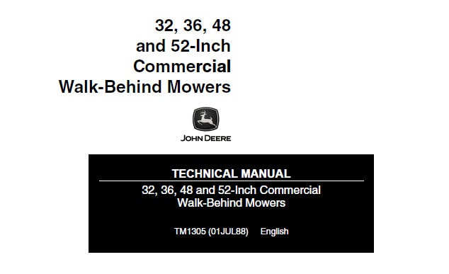 Cover page of the John Deere Commercial Walk-Behind Mowers Technical Service Repair Manual featuring the John Deere logo, the model numbers 32, 36, 48, and 52, and the text 'Walk-Behind Mowers'.