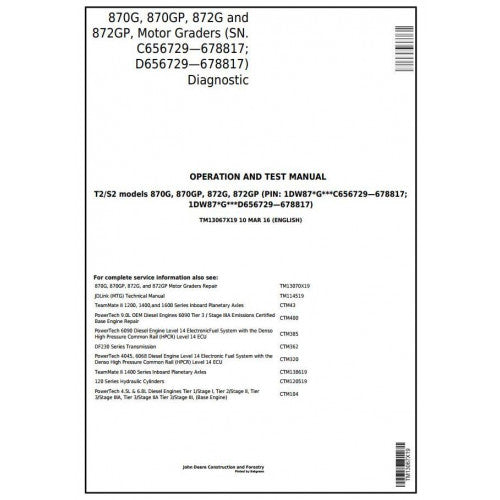 John Deere 870G, 870GP, 872G, 872GP Motor Grader Operation, Maintenance & Diagnostic Test Service Manual TM13067X19 - PDF