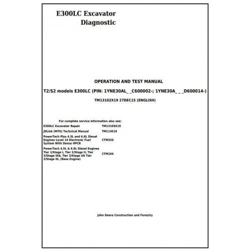 Cover page of the John Deere E300LC Excavator Diagnostic Manual, indicating the models covered and the language type.