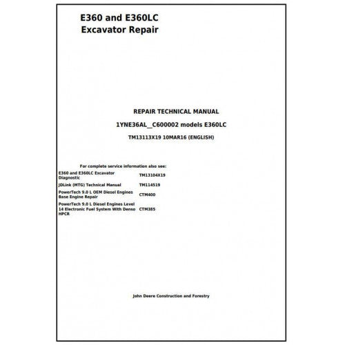 Cover page of the John Deere E360 and E360LC Excavator Technical Service Repair Manual, indicating the models covered and the language type.