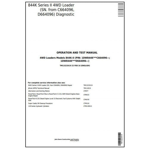 John Deere 844K Series II 4WD Loader Operation, maintenance & Diagnostic Test Service Manual TM13223X19 - PDF