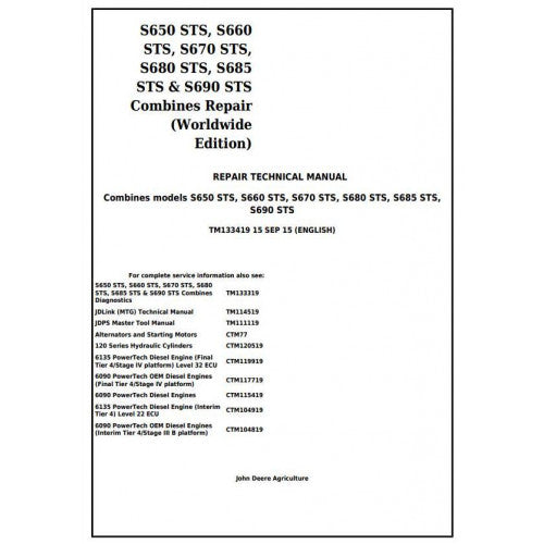Cover page of the John Deere S650STS, S660STS, S670STS, S680STS, S685STS, S690STS Combine Technical Service Repair Manual, showing the model numbers and the text 'Worldwide'.