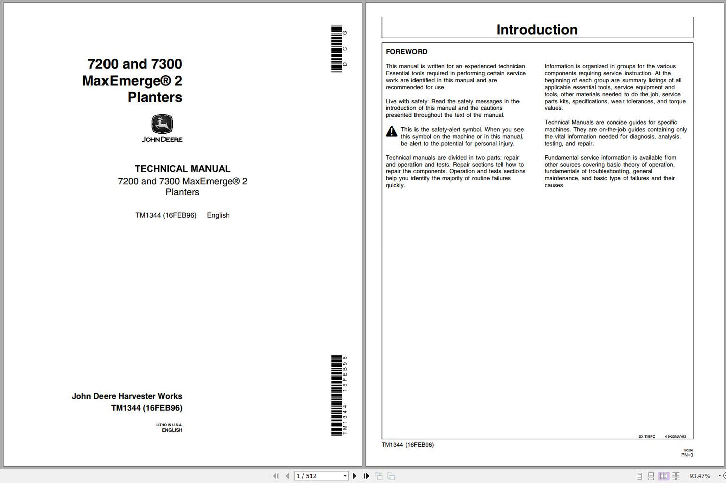 Cover and inside view of a John Deere Maxemerge Planters technical service repair manual, showing the table of contents and an introduction.