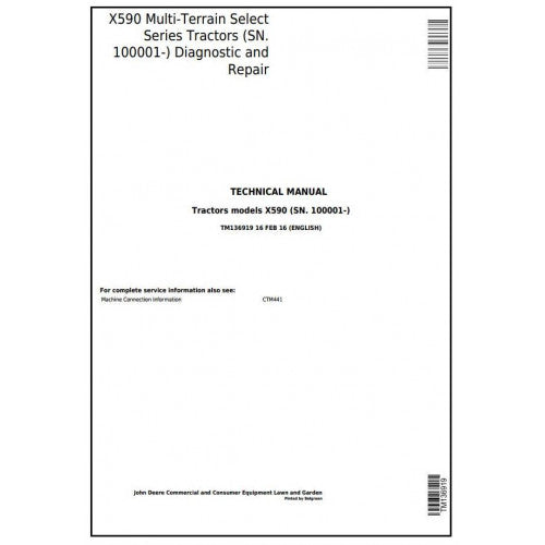 Cover page of the John Deere X590 Multi-Terrain Select Series Tractor Operation, Maintenance & Diagnostic Test Service Manual TM136919 displaying title and版权信息.