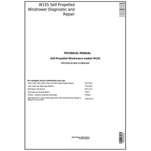 Cover page of the John Deere W155 Self-Propelled Hay & Forage Windrower Operation, Maintenance & Diagnostic Test Service Manual.
