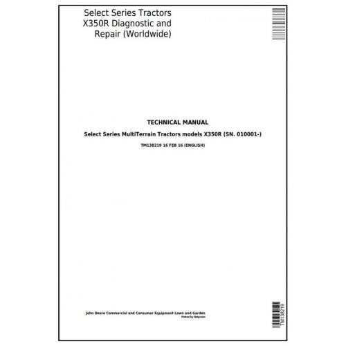 Cover page of the John Deere X350R Select Series Riding Lawn Tractor service manual displaying title and barcode.