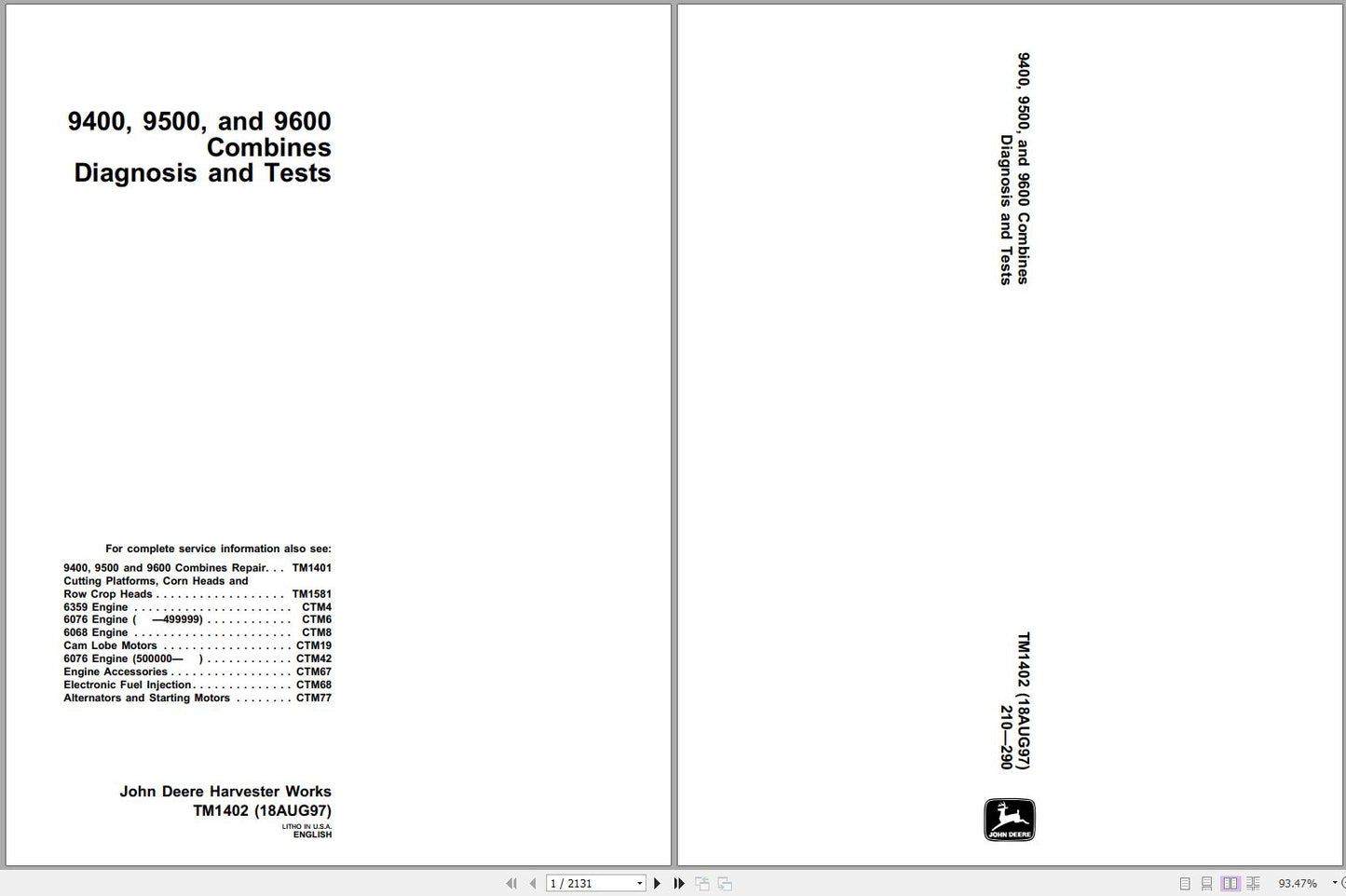 John Deere 9400, 9500, 9600 Combine Diagnosis and Test Technical Service Manual TM1402 - PDF