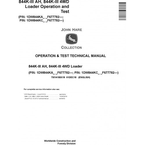 John Deere 844K-III AH, 844K-III 4WD Loader Diagnostic Technical Test Service Manual TM14158X19 - PDF