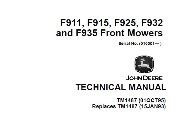 Cover page of the John Deere Technical Manual for F911, F915, F925, F932, and F935 Front Mowers, indicating the model numbers and the serial number location.
