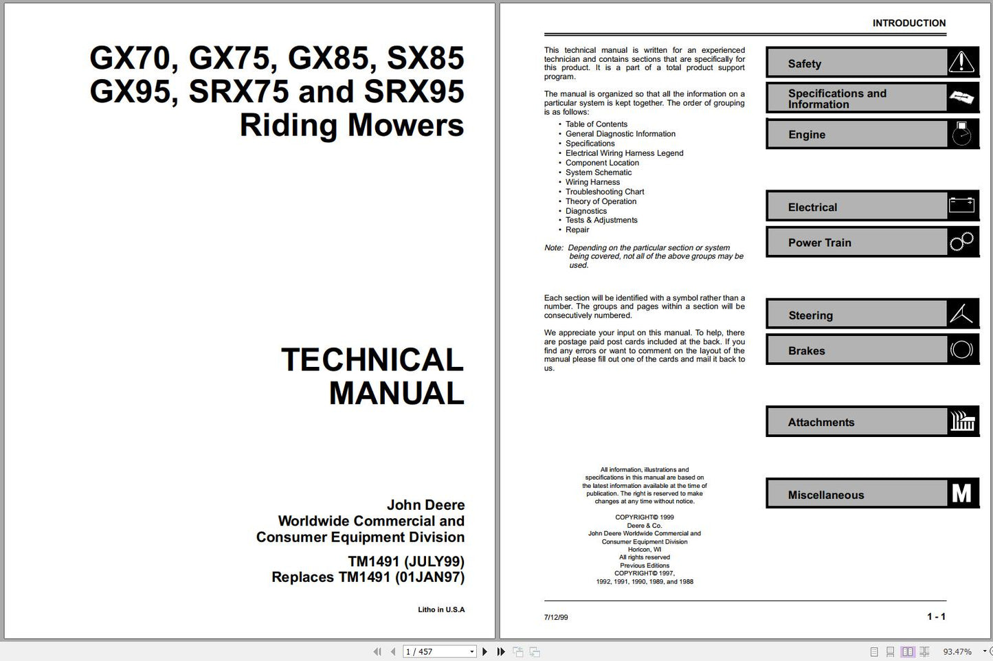A page from the John Deere technical service repair manual for riding mowers, showing the table of contents with various sections listed for different mower models.