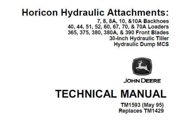 Cover page of the John Deere Horicon Hydraulic Attachments Technical Service Repair Manual TM1593 - PDF with model numbers and equipment descriptions.