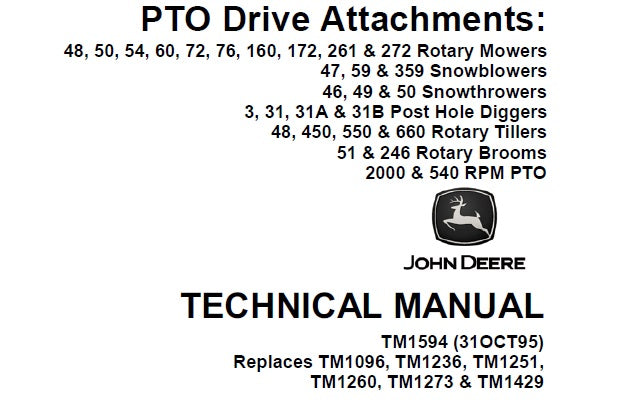 John Deere PTO Drive Attachments Technical Service Repair Manual TM1594 - PDF