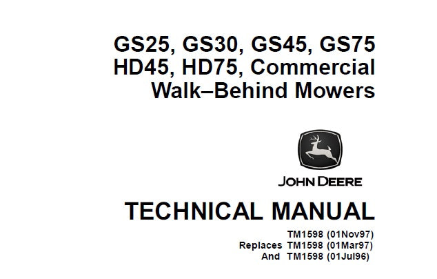 Cover page of the John Deere Technical Manual for Commercial Walk-Behind Mowers, indicating the models covered and the publication date.