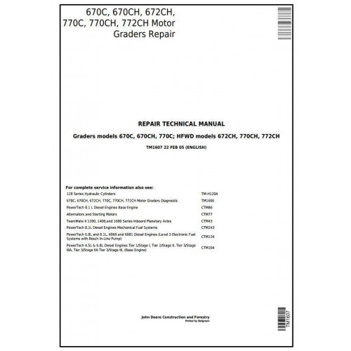 Cover page of the John Deere motor grader technical service repair manual, indicating the models covered and the format of the manual.