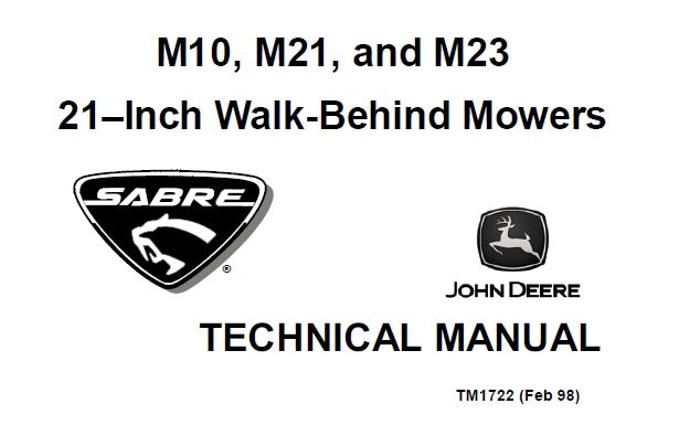 Cover page of the Sabre Technical Manual for John Deere M10, M21, and M23 21-Inch Walk-Behind Mowers, featuring the John Deere logo and the Sabre brand logo.
