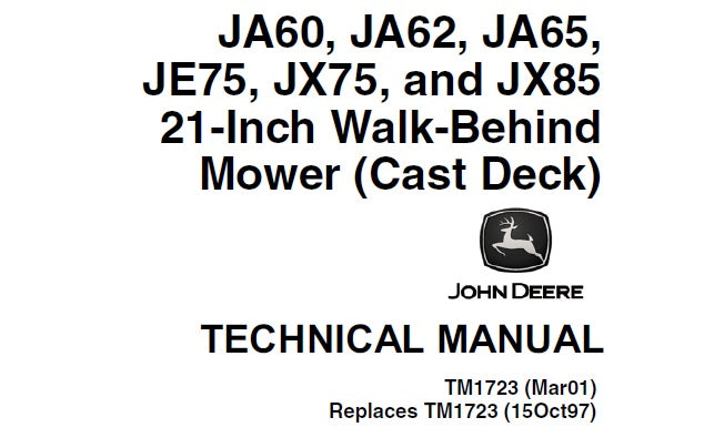 Cover page of the John Deere technical manual for 21-Inch Walk-Behind Mower Cast Deck, indicating the models covered.