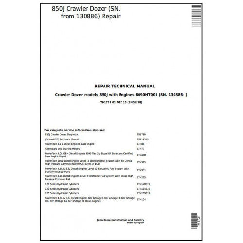 John Deere 850J Dozer With Engine 6090HT001 Crawler Dozer Technical Service Repair Manual TM1731 - PDF