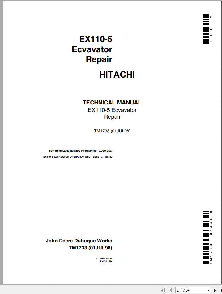 John Deere EX110 5 Excavator Repair Technical Manual TM1733 01JUL98 - PDF
