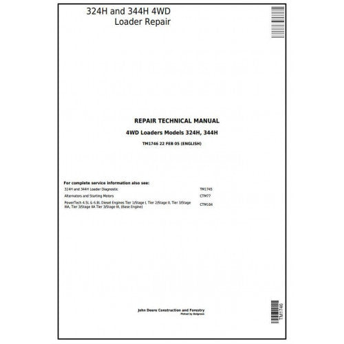 Cover page of the John Deere 324H and 344H 4WD Loader Technical Service Repair Manual TM1746