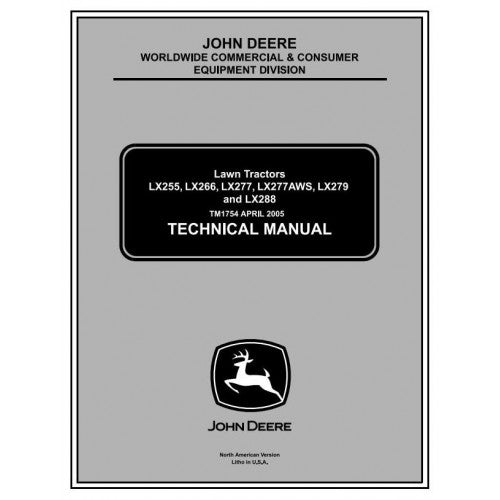Cover of the John Deere Lawn Tractors Technical Manual, indicating the models covered.