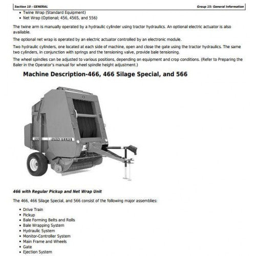 Cover page of the John Deere technical manual for round balers, featuring the model numbers and a brief description of the equipment.