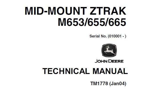 Cover page of the John Deere Mid-Mount ZTrak M653, M655, M665 Technical Manual featuring serial numbers and the John Deere logo.