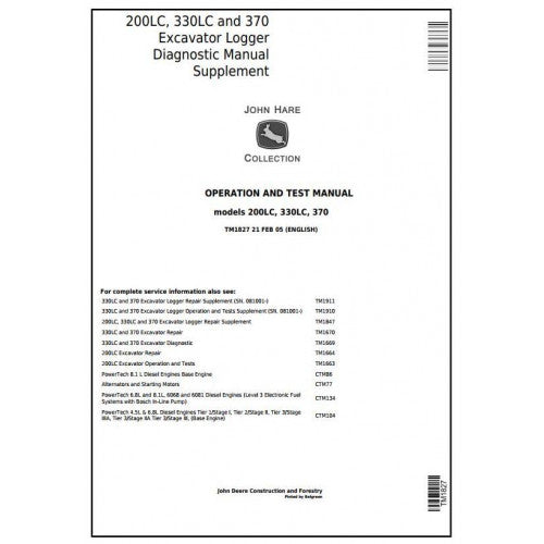 John Deere 200LC, 330LC, 370 Excavator Logger Operation, Maintenance & Diagnostic Test Service Manual TM1827 - PDF
