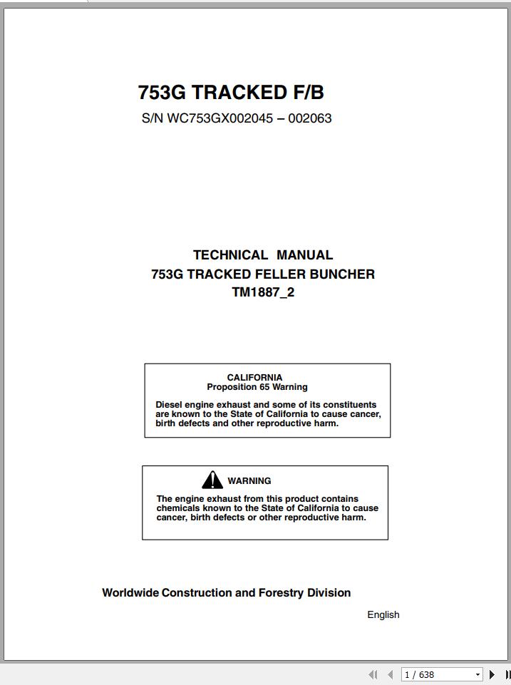 Cover page of the John Deere Tracked 753G F B Technical Service Repair Manual featuring the model number, part number, and a warning label.