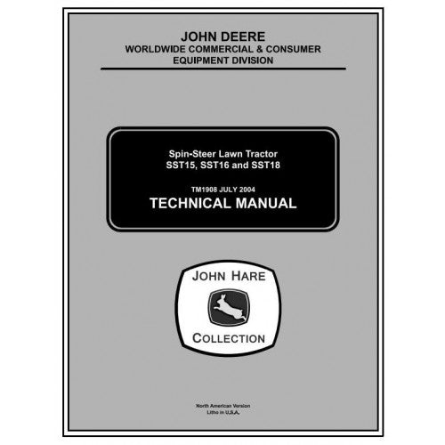 Cover page of the John Deere Technical Service Repair Manual for Spin-Steer Lawn Tractors, indicating the models covered and the manual's content.